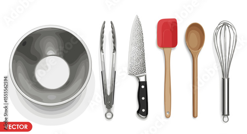 Still life composition of kitchen utensils including a bowl tongs knife spatula spoon and whisk arranged neatly