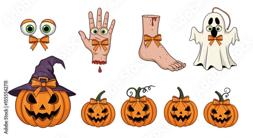 Halloween themed illustration featuring pumpkins, severed limbs, eyes, and a ghost with orange bows