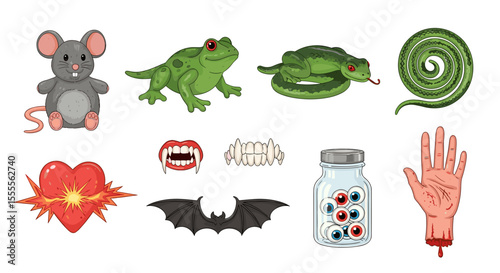 Collection of halloween themed cartoon illustrations including animals and spooky objects isolated photo