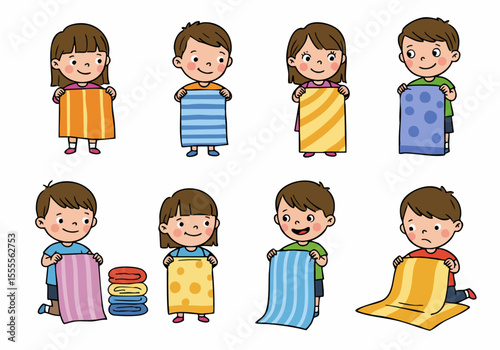 Cartoon children holding, folding, and interacting with colorful towels in various poses and expressions isolated on a white background.