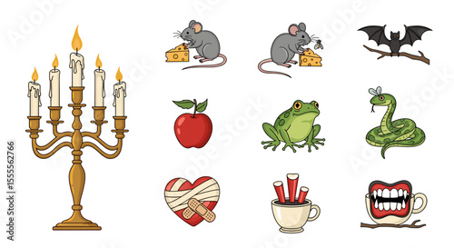 Assorted cartoon drawings featuring a candelabra, animals, food, and other whimsical objects shown here