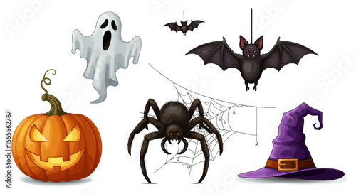 A halloween themed illustration featuring a ghost pumpkin bats spider and a witch's hat on white background