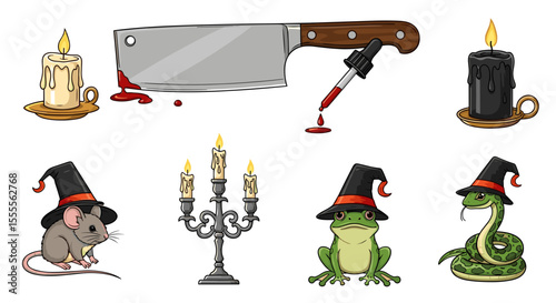 Assorted halloween elements including candles, animals with hats, and a bloody cleaver design