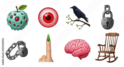 Collection of spooky halloween themed objects including a crow brain eyeball and a rocking chair isolated