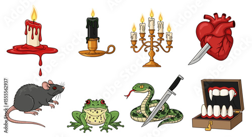 Collection of gothic themed illustrations featuring candles, animals, heart and vampire teeth box photo