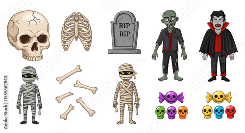 Cartoon halloween set featuring skull, ribcage, tombstone, zombie, vampire, mummy, bones, and skull candies