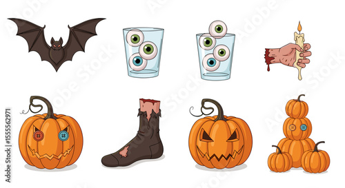 Collection of halloween themed illustrations including bat pumpkins eyeballs candle and severed foot