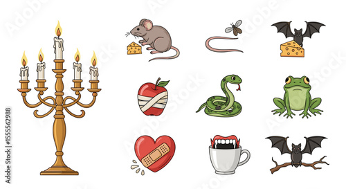 Illustration of a candelabra, mouse with cheese, snake, bat, apple, and other spooky elements