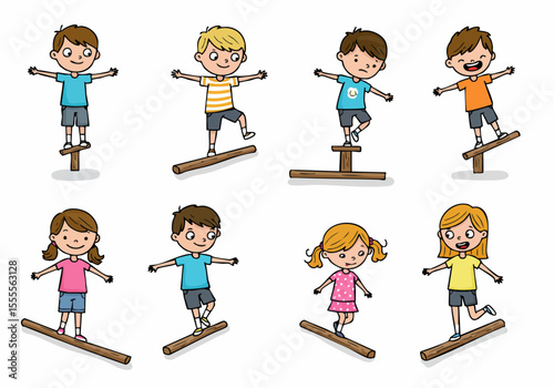 Cartoon illustration set of diverse children balancing on wooden logs and structures, showcasing focus and fun in developing skill and coordination.