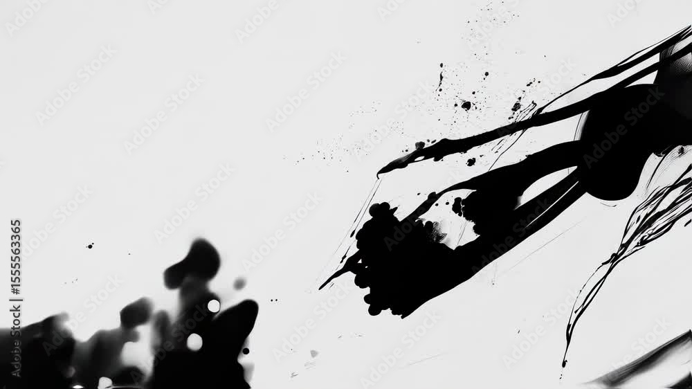 Abstract black ink bleeds across a stark white canvas, creating an intriguing, fluid dance