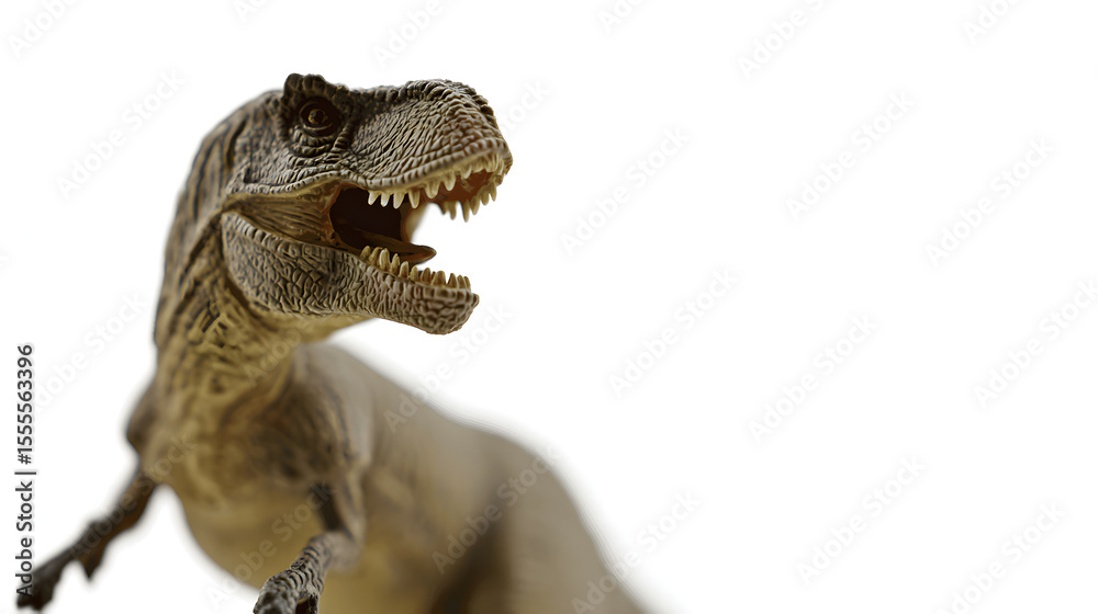 Obraz premium Close-up of a fierce T-Rex figurine with sharp teeth, capturing its menacing essence and primal power.