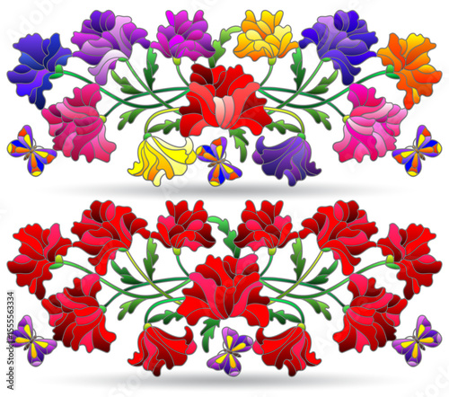 Set of stained glass illustrations with compositions of poppies and butterflies, isolated on a white background