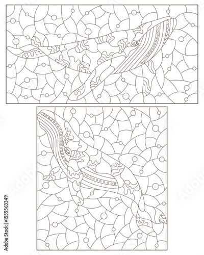 Set of contour illustrations in the style of stained glass with abstract whales, dark contours on a white background