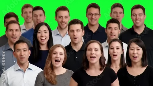Group of diverse professionals smiling together in front of a bright green background, ideal for team-building themes