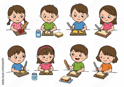 Cute cartoon illustration of children making sandwiches together, learning to prepare healthy meals in the kitchen as a fun activity.