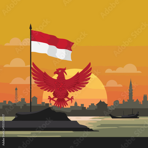 This illustration depicts an eagle soaring above the city skyline, holding the Indonesian flag in front of a beautiful sunset.