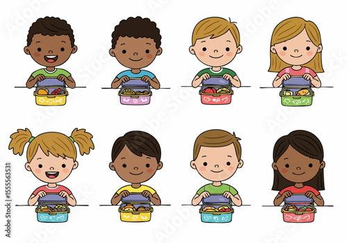 Cute cartoon diverse children happily opening their lunch boxes, showcasing healthy food options during school break or mealtime.