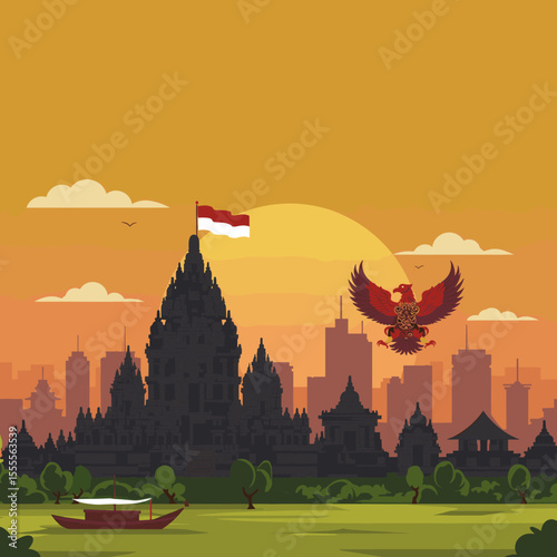 showcases a monumental Indonesian temple, with the flag flying high in front of it and the Indonesian eagle soaring above. The temple, set against a vibrant sunset, represents the rich cultural herita