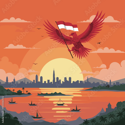 This illustration depicts an eagle soaring above the city skyline, holding the Indonesian flag in front of a beautiful sunset.