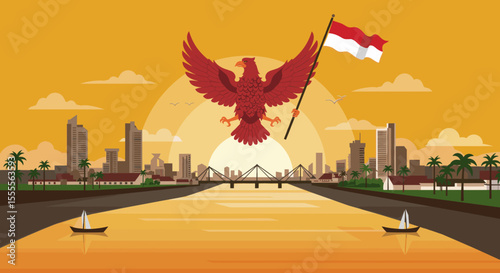 This illustration depicts an eagle soaring above the city skyline, holding the Indonesian flag in front of a beautiful sunset.