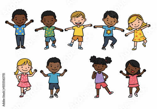 Simple cartoon illustration of a diverse group of happy children dancing and moving with joy