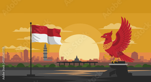 This image captures a dramatic sunset scene with the Indonesian eagle perched proudly beside the flag on a rocky shore.