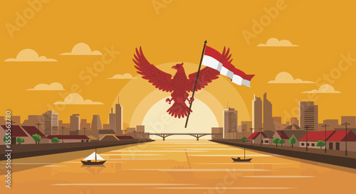 This illustration depicts an eagle soaring above the city skyline, holding the Indonesian flag in front of a beautiful sunset.