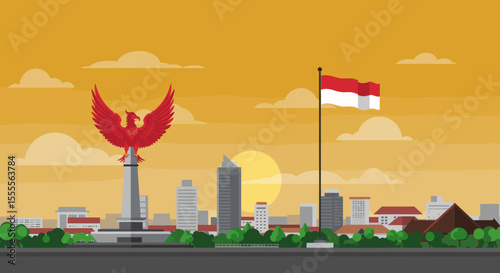 This image captures a dramatic sunset scene with the Indonesian eagle perched proudly beside the flag on a rocky shore.
