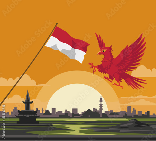 This image captures a dramatic sunset scene with the Indonesian eagle perched proudly beside the flag on a rocky shore.