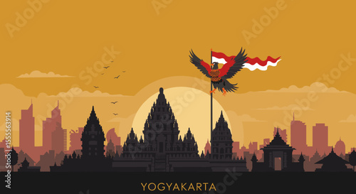 showcases a monumental Indonesian temple, with the flag flying high in front of it and the Indonesian eagle soaring above. The temple, set against a vibrant sunset, represents the rich cultural herita