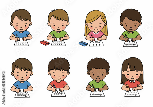 Collection of diverse cartoon children learning and writing, depicting schoolwork, homework, and educational activities with pencils and paper.