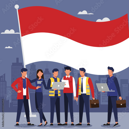 represents an industrial scene with workers and factories, with the Indonesian flag prominently displayed. The people are seen working together in harmony amidst a city skyline, signifying the industr