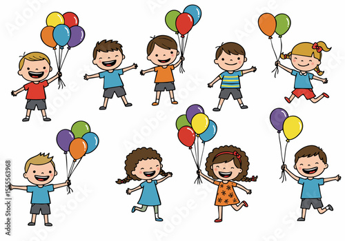 Happy cartoon children holding colorful balloons, playing and smiling cheerfully on a white background, illustration.