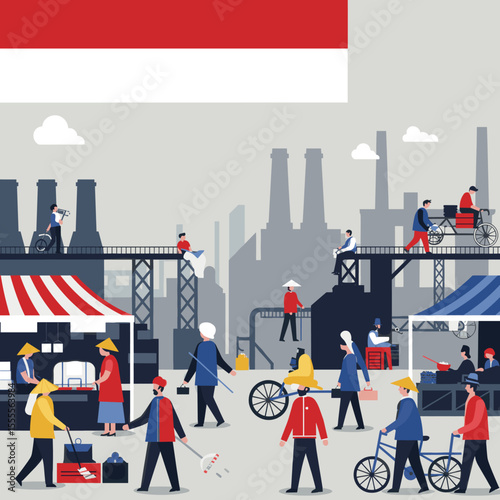 represents an industrial scene with workers and factories, with the Indonesian flag prominently displayed. The people are seen working together in harmony amidst a city skyline, signifying the industr