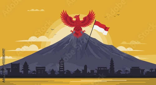features the eagle soaring above the city, symbolizing the nation's strength and resilience, with the beautiful volcanic landscape completing the scene.
