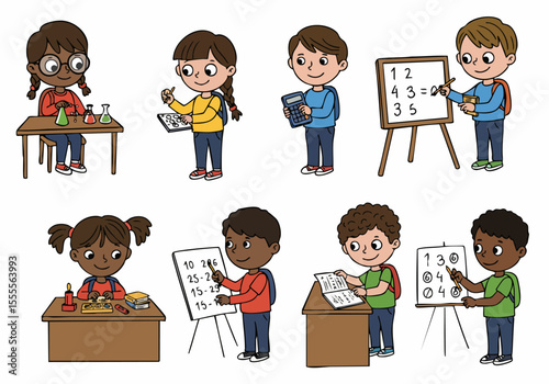 Cute cartoon illustration of diverse children engaged in various school activities like science, math, and studying.