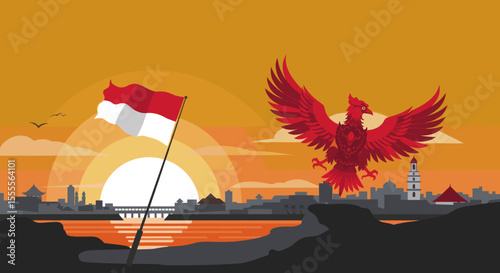 This image captures a dramatic sunset scene with the Indonesian eagle perched proudly beside the flag on a rocky shore.