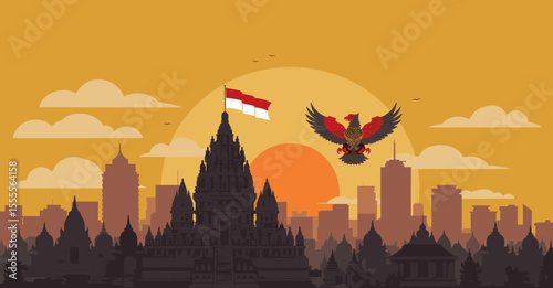 showcases a monumental Indonesian temple, with the flag flying high in front of it and the Indonesian eagle soaring above. The temple, set against a vibrant sunset, represents the rich cultural herita
