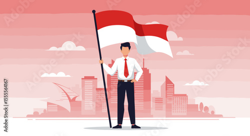 The image shows a professional man standing proudly holding the Indonesian flag with a city skyline in the background.