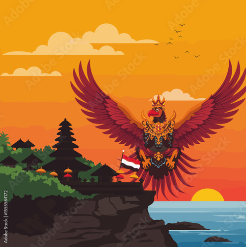 showcases a monumental Indonesian temple, with the flag flying high in front of it and the Indonesian eagle soaring above. The temple, set against a vibrant sunset, represents the rich cultural herita