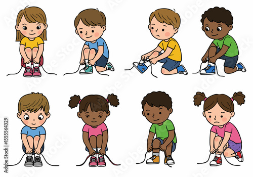 Illustration of diverse children learning to tie their shoelaces, depicting the process of developing independence and motor skills.