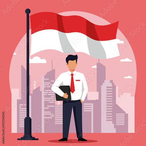 The image shows a professional man standing proudly holding the Indonesian flag with a city skyline in the background.