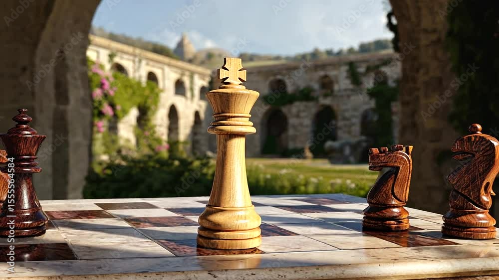 A serene outdoor chess game set in a historic courtyard with lush greenery in the background