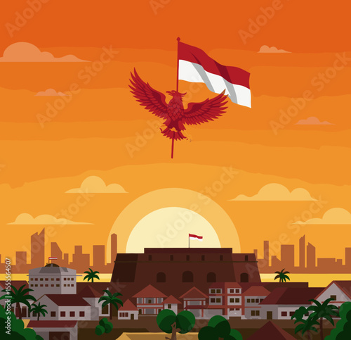 This image captures a dramatic sunset scene with the Indonesian eagle perched proudly beside the flag on a rocky shore.