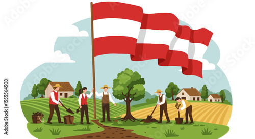 This illustration portrays a group of diverse people holding hands in front of a large Indonesian flag, symbolizing unity and togetherness. The vibrant orange sunset adds warmth to the theme of solida