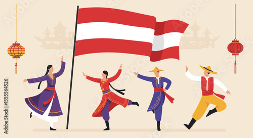 This illustration portrays a group of diverse people holding hands in front of a large Indonesian flag, symbolizing unity and togetherness. The vibrant orange sunset adds warmth to the theme of solida