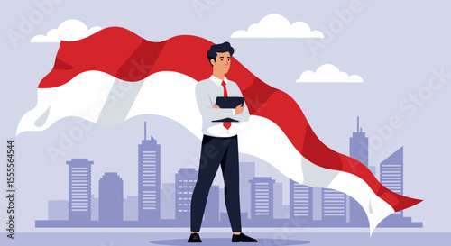 represents an industrial scene with workers and factories, with the Indonesian flag prominently displayed. The people are seen working together in harmony amidst a city skyline, signifying the industr
