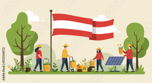 represents an industrial scene with workers and factories, with the Indonesian flag prominently displayed. The people are seen working together in harmony amidst a city skyline, signifying the industr