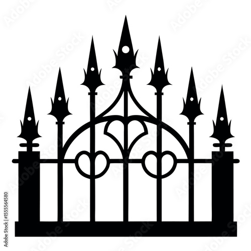Gothic style wrought iron fence with pointed arches, intricate detailing, sharp spires, vintage silhouette, dramatic black cast iron, isolated on white 1.