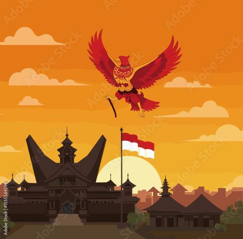 This image captures a dramatic sunset scene with the Indonesian eagle perched proudly beside the flag on a rocky shore.